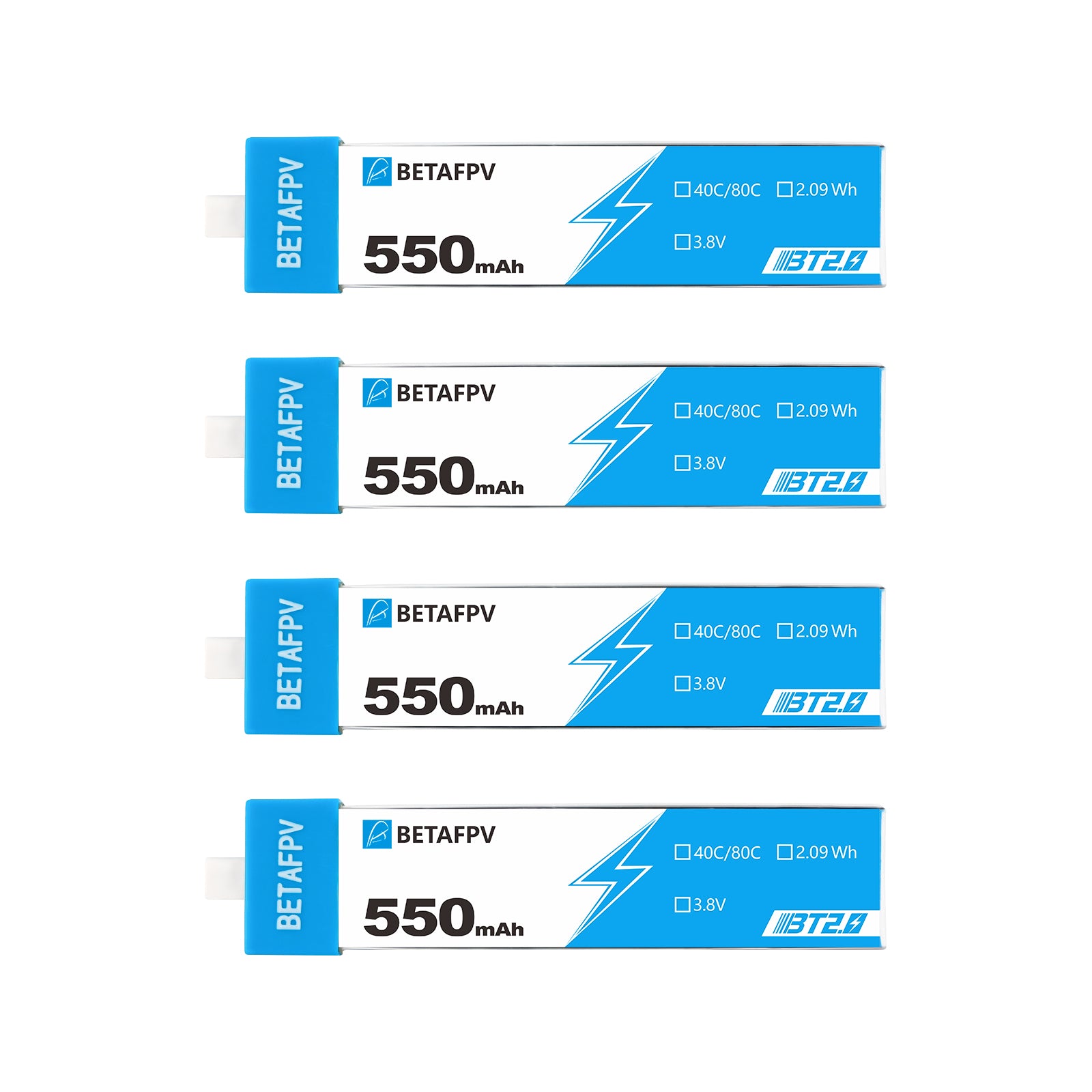 Four BETAFPV BT2.0 550mAh 1S batteries